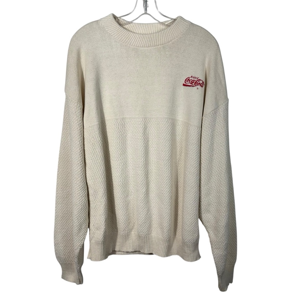 Vintage 80s Velva Sheen Cream Embroidered Coca Cola Knit Pullover Sweater Large